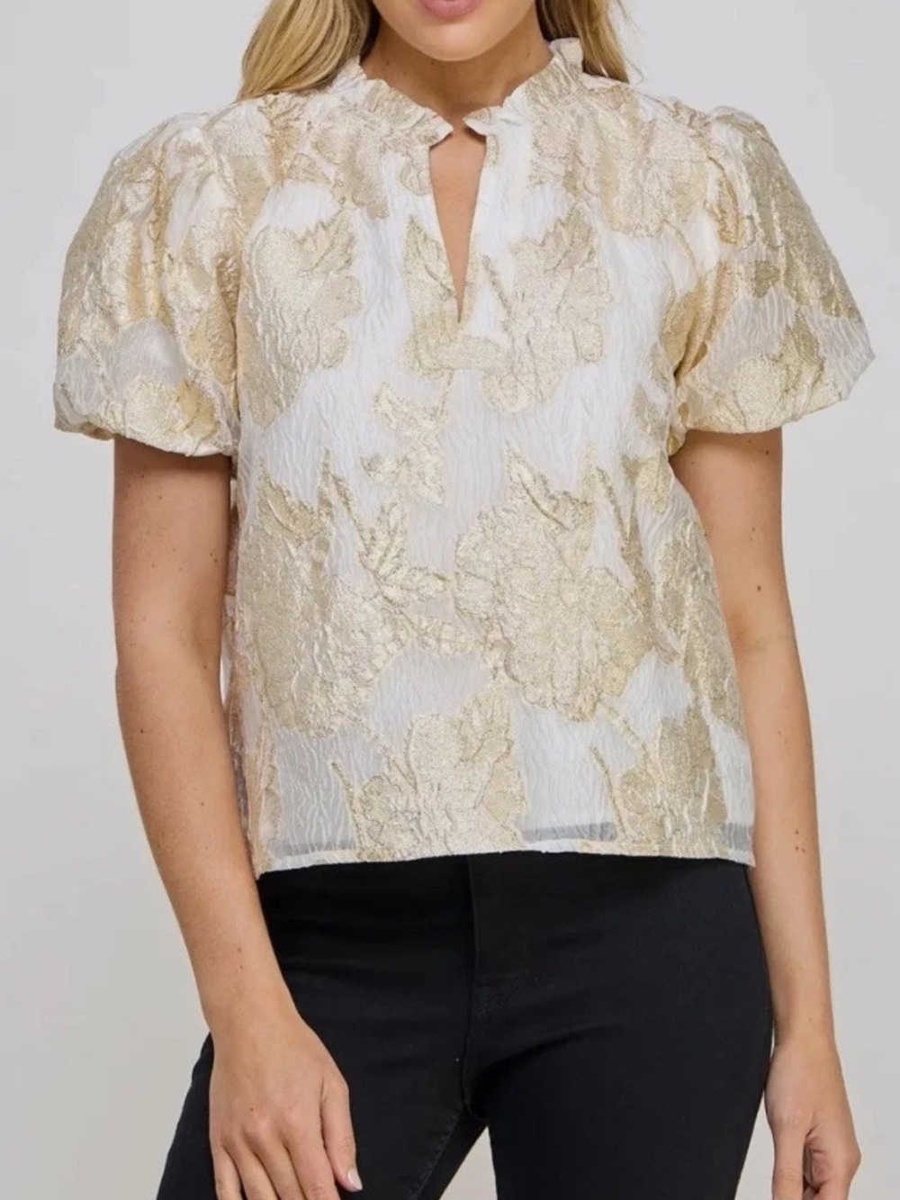 Ellison White and Gold Jacquard Puff Sleeve Blouse NWT
